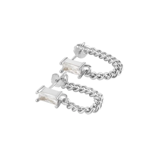 S925 sterling silver stud earrings with baguette zircon and curb chain loop design
