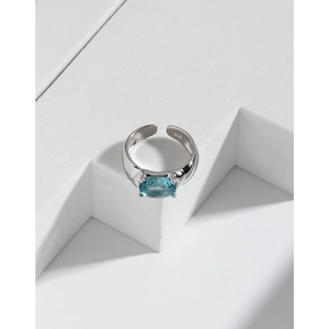 S925 sterling silver adjustable ring with oval blue zircon on white geometric blocks