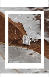 Detail of S925 silver ring featuring a large rectangular zircon on a natural leaf
