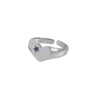 Adjustable S925 sterling silver heart ring with blue zircon and star-shaped setting