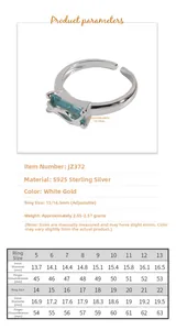 Size chart and technical specifications for S925 silver ring with blue zircon stone