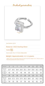 Size chart for S925 sterling silver adjustable ring with cubic zirconia dimensions