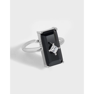 Korean Style Niche Design S925 Sterling Silver Open Ring For Women Minimalist Rectangular Black Agate Rhinestone Finger Ring
