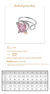 Detailed size chart for S925 sterling silver heart ring with inner diameter measurements