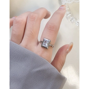 Minimalist S925 silver ring for women with a large rectangular zircon stone