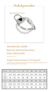 Size chart for S925 sterling silver heart lock ring with pearl including dimensions