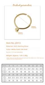 Size chart for S925 sterling silver ring showing diameters and adjustable band dimensions