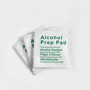 Detailed view of individual sterile alcohol prep pads in white foil packaging for cleaning