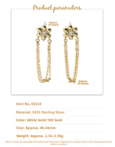 Detail view of S925 sterling silver flower tassel earrings with specs and dimensions