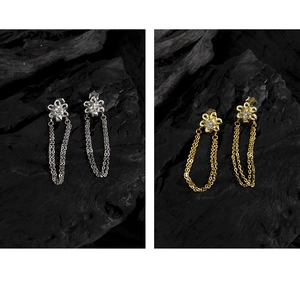 Detailed view of S925 sterling silver flower drop earrings in gold and silver finishes