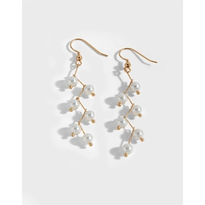 Long Dangle Drop Earrings With Artificial Pearls And 925 Sterling Silver Earring Post Gold Plated Branch Vine Design For Women