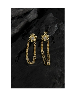 Detail of S925 sterling silver gold flower earrings with tassels and zircon stones