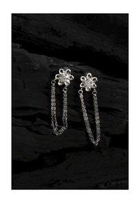 Detail of S925 sterling silver stamp on floral tassel earrings with zircon center
