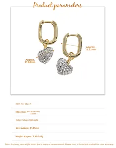 Detailed size specifications for S925 silver heart dangle earrings with zircon pavé