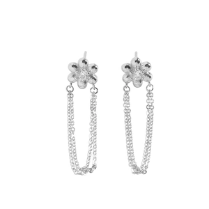 Elegant S925 sterling silver flower earrings with hanging fringe chains and zircon center