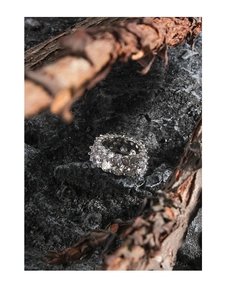 Double row zircon eternity ring on natural rock background with dried wood detail
