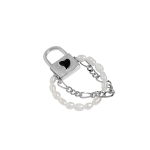 S925 sterling silver heart lock ring with baroque pearls and metal chain link