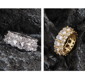Close-up of S925 sterling silver double-row zircon rings with gold and silver finishes