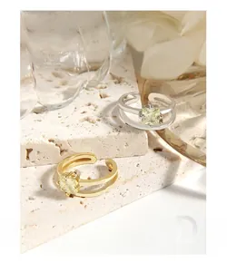 Detail of double-layer adjustable silver rings with square yellow zircon on stone base
