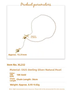 Detail view of S925 sterling silver pearl necklace with heart pendant and T-bar toggle clasp