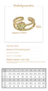Size chart showing S925 sterling silver ring dimensions and adjustable fit guide