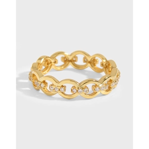 925 Sterling Silver Chain Link Ring For Women Gold Platinum Plated Zirconia Inlaid Interlocking Geometric Jewelry Gift