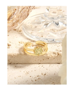 Close-up of S925 sterling silver gold ring with square yellow zircon on stone base