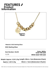 Detail of S925 sterling silver gold round pendant necklace with size and material specs