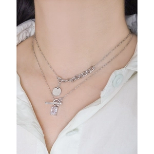 Double-layered S925 sterling silver necklace with gold coin and rectangle zircon pendant