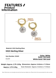 Detailed specs of S925 sterling silver disco ball earrings with 18K gold and white gold plating