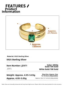 Macro detail of S925 sterling silver ring featuring emerald cut green gemstone and gold plating