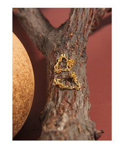 Detail of gold geometric chain earrings resting on a branch with vintage warm background