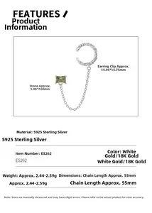 Detail view of S925 silver ear cuff with chain and green rectangular gemstone pendant
