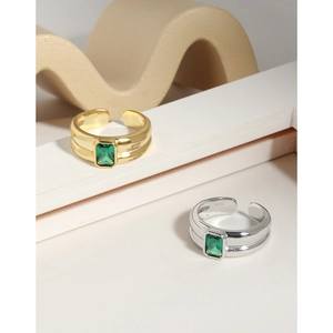 S925 sterling silver open rings with emerald-cut green zircon and double band design