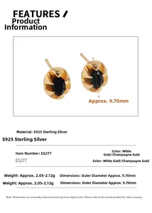 Vue détaillée des boucles d'oreilles en argent S925 avec zircon noir et spécifications
