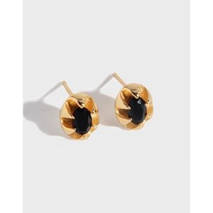 Boucles d'Oreilles Clous en Argent Sterling 925 avec Zirconia Noir Ovale pour Femmes Bijoux Géométriques Minimalistes Plaqués Or Argent