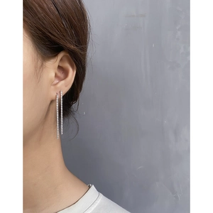 S925 silver linear drop earrings with micro-set zircon fringe on female model
