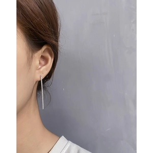 Elegant long silver tassel earrings with micro-p鑲 zirkon crystals on a female model
