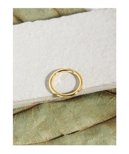 Dettaglio di un anello geometrico dorato lucido su ardesia naturale e foglia verde