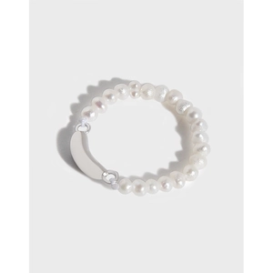 Minimalist Artificial Pearl Beaded Ring Geometric Arc Design 925 Sterling Silver Finger Jewelry For Women Elegant Stylish Accessory