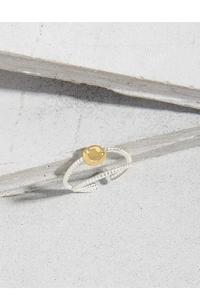 Vue macro d'une bague torsadée en argent S925 avec un accent de haricot doré poli