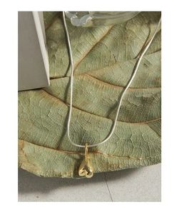 Detailed shot of a two-tone silver snake chain necklace with a 3D gold heart pendant