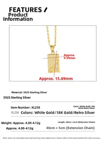Detailed size specifications for S925 sterling silver textured rectangular pendant necklace