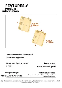Detail specifications of square S925 sterling silver earrings showing dimensions and weight