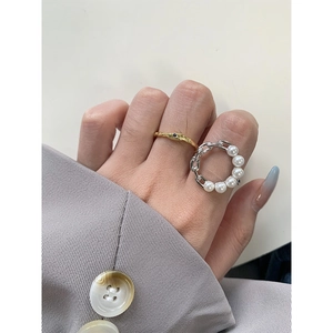 S925 silver pearl chain ring and geometric gold blue gemstone ring set for women