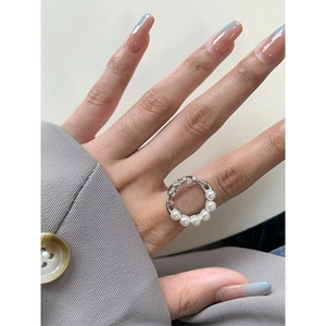 S925 sterling silver geometric pearl chain ring with natural luster for women