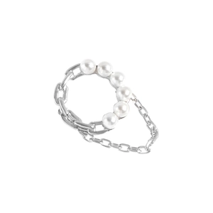 S925 sterling silver geometric ring featuring white pearls and a delicate hanging chain