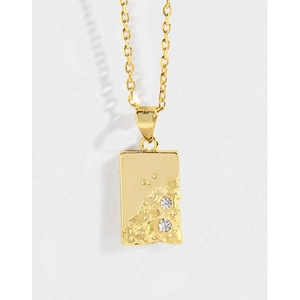 925 Sterling Silver Rectangular Pendant Necklace With Zirconia Inlay Lava Texture Geometric Tag Necklace For Women Jewelry