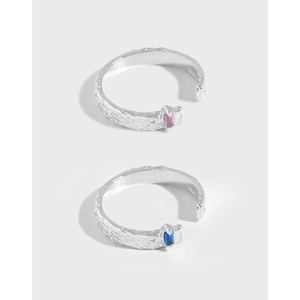 S925 Sterling Silver Hammered Texture Open Ring For Women Minimalist Inlaid Blue Pink Zirconia Rectangular Adjustable Finger Ring Jewelry