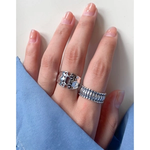 Retro S925 silver corset style ring set with vintage texture for women's jewelry